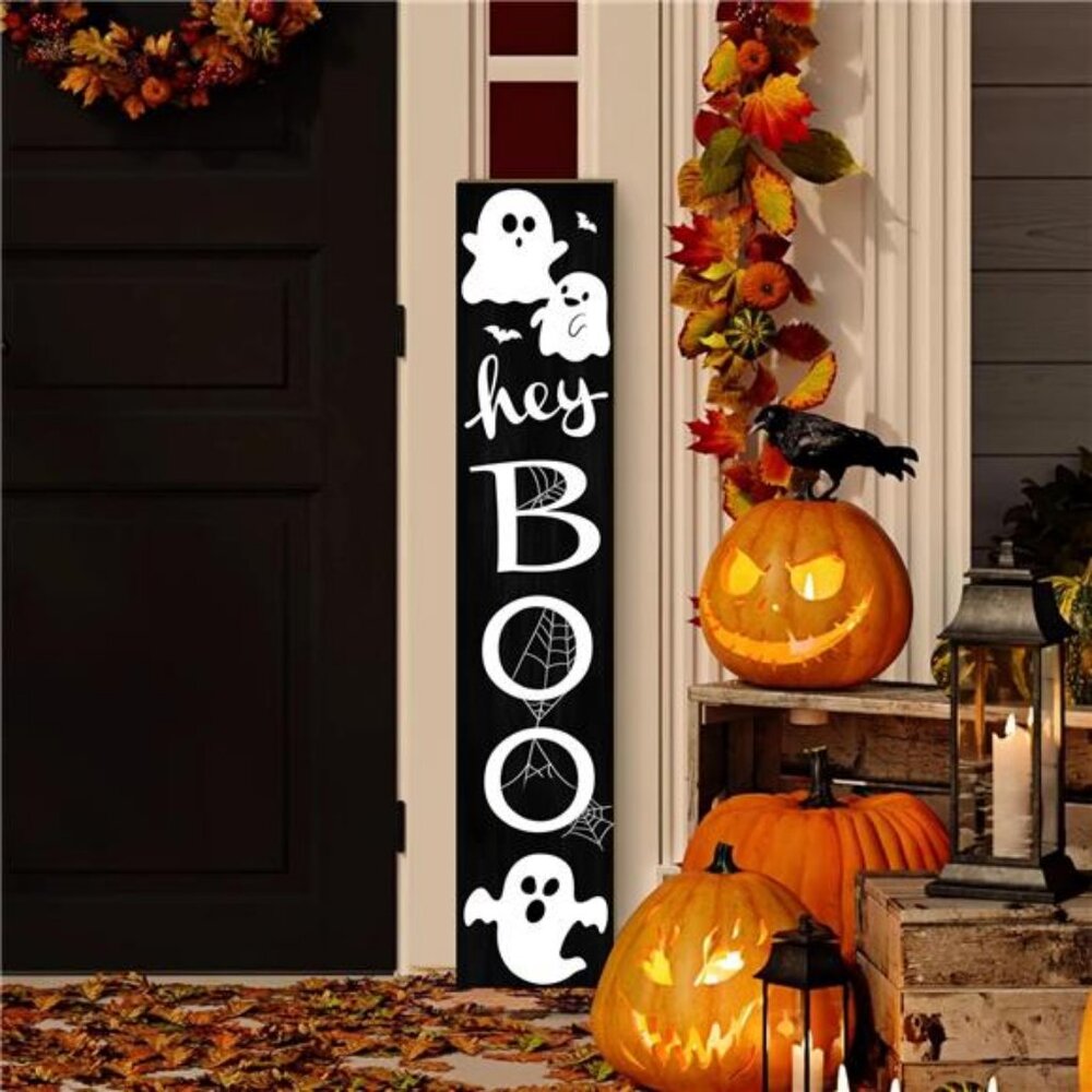 Halloween Porch Sign with Cute Ghost and Bats Design Door Hanging Decor Wooden